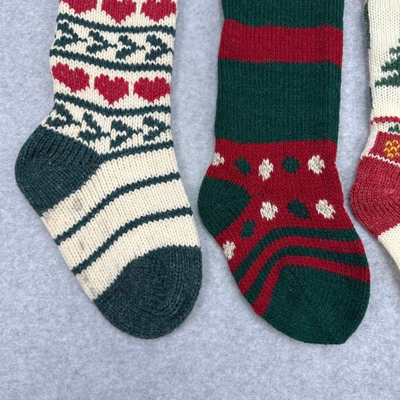 VTG Wool Knit Set of 4 Christmas Stockings Green Red White Fair Isle Cabincore - Picture 6 of 16